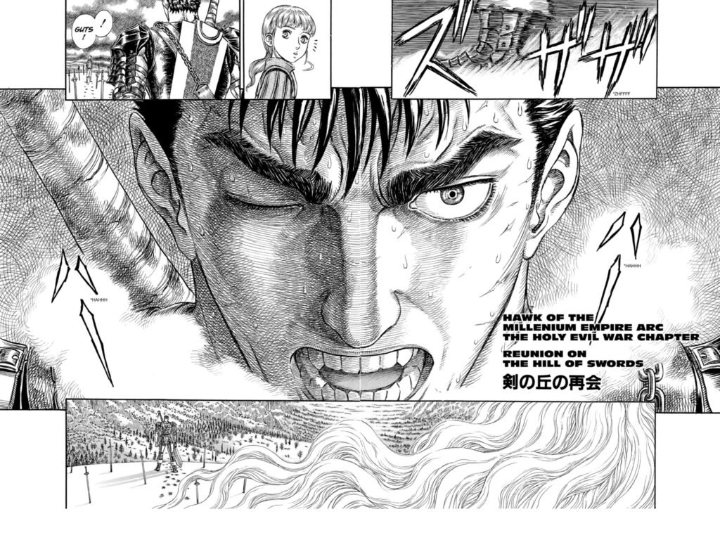 Berserk Manga Panel Guts Face Close Up Battle warrior Greatest Manga of all time