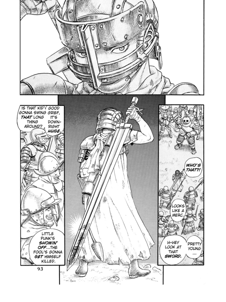 Young Guts Berserk Manga- Holding a sword thats too big for him to show his strength