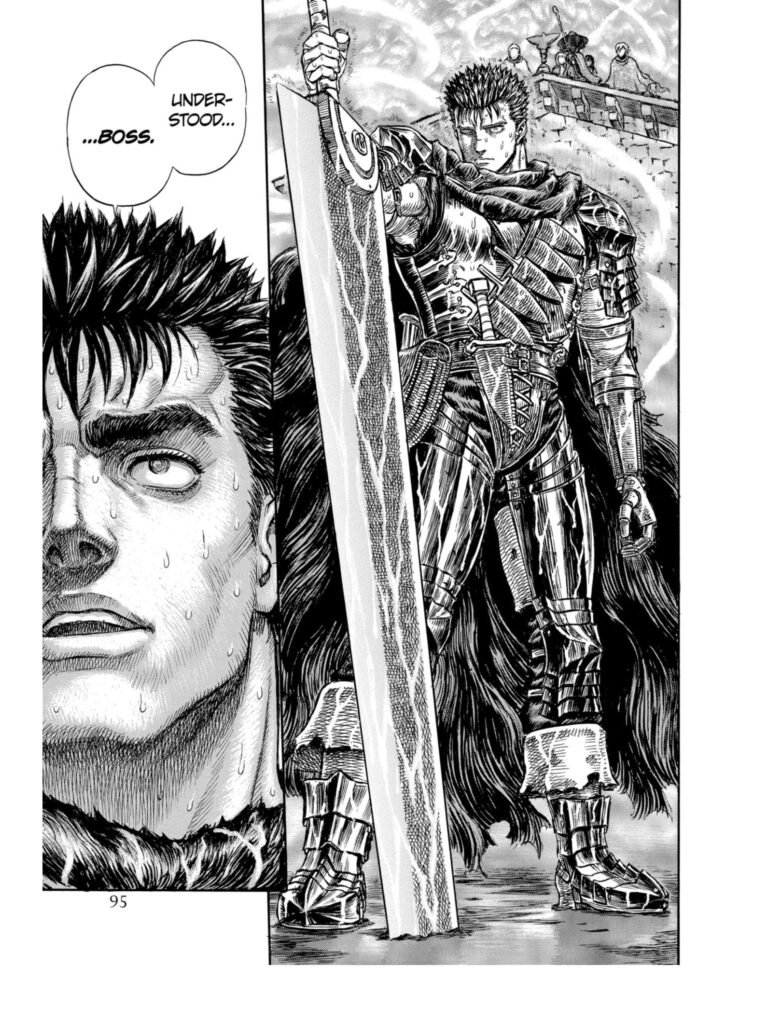 Guts standing Strong awaiting the battle to begin ready to fight - Berserk Manga panel