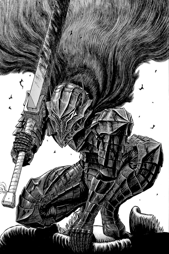 Guts Berserker Armor - Crouched down holding a sword - Greatest Manga Panel - Berserk Manga Best of all time Personal Growth inspiration